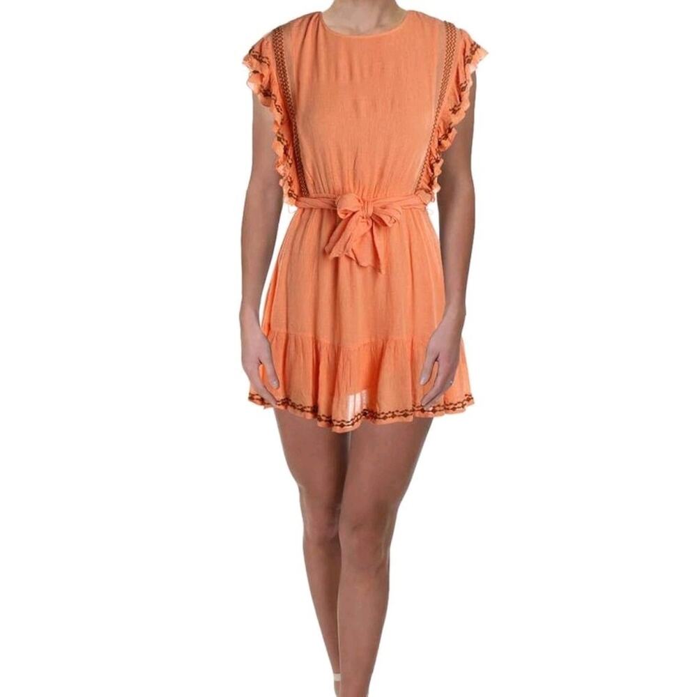 Free People Orange‎ Coral Bronze Embroidered Boho Dress Weekend Brunch, S